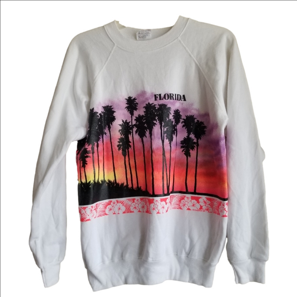 Vintage 80s Florida Graphic Crewneck White Sunset Palm Trees 2 Sides Size Large